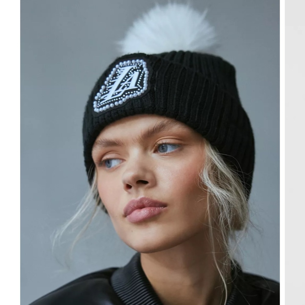 Urban Outfitters Black Beanie with Pearl Embellished Logo O/S